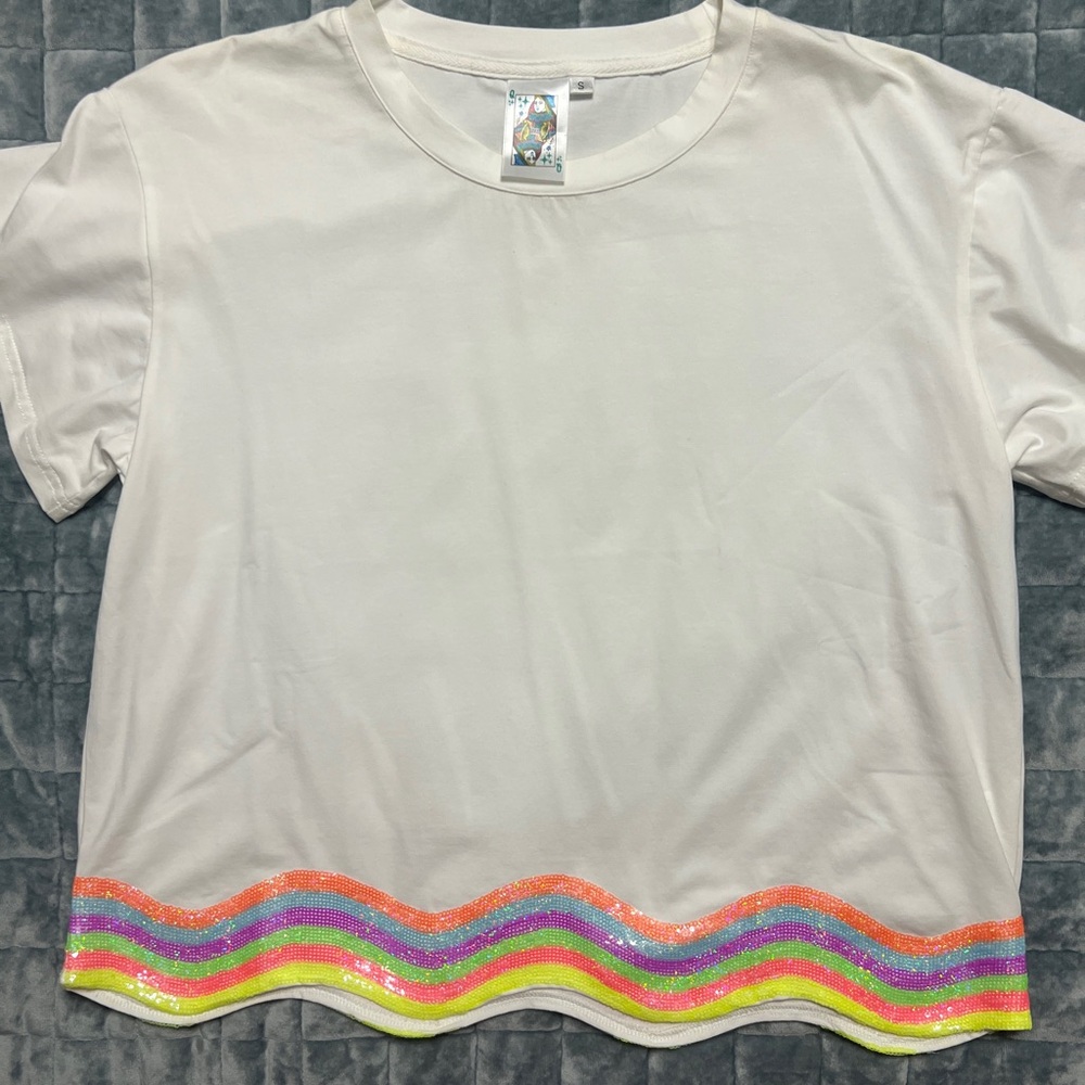 Queen of Sparkles White Top with Multicolor Sequin Trim